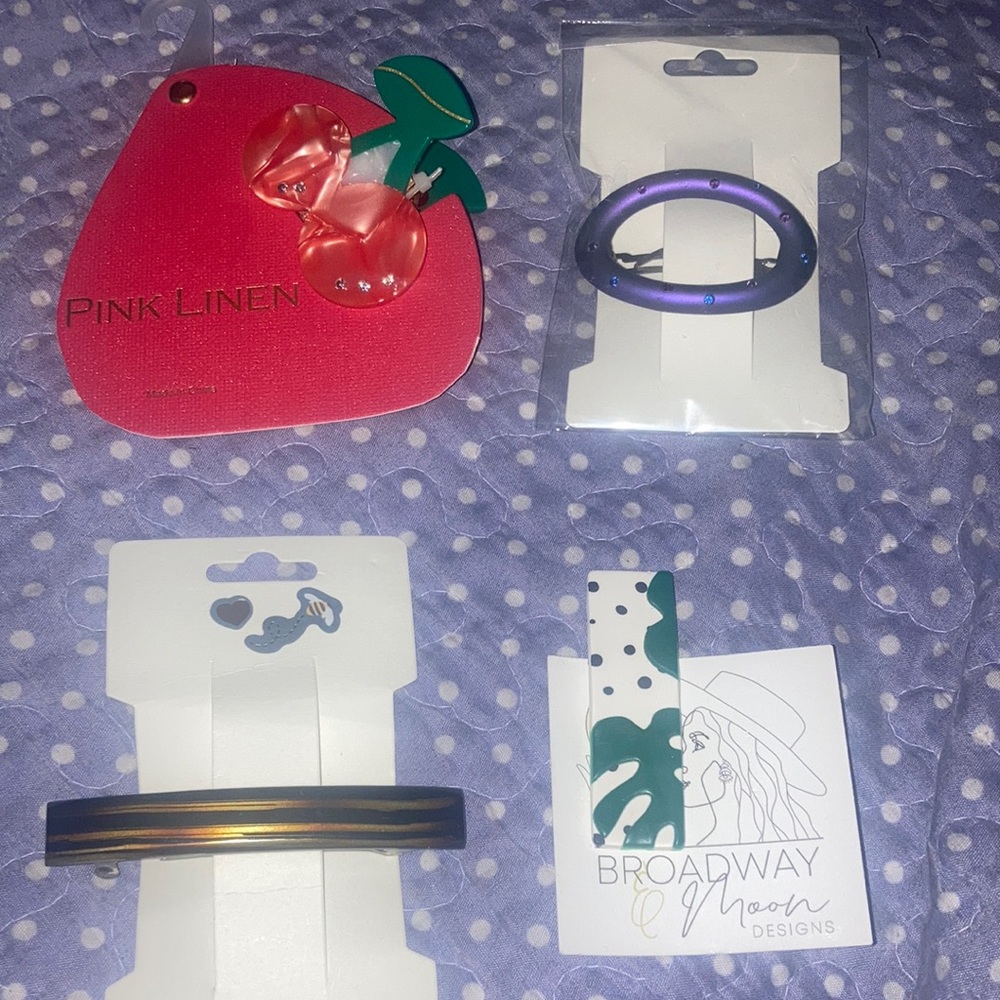 4 Hair Clips: Cherry Claw Clip, Palm Tree, Brown & Black, & Purple Barrettes NWT